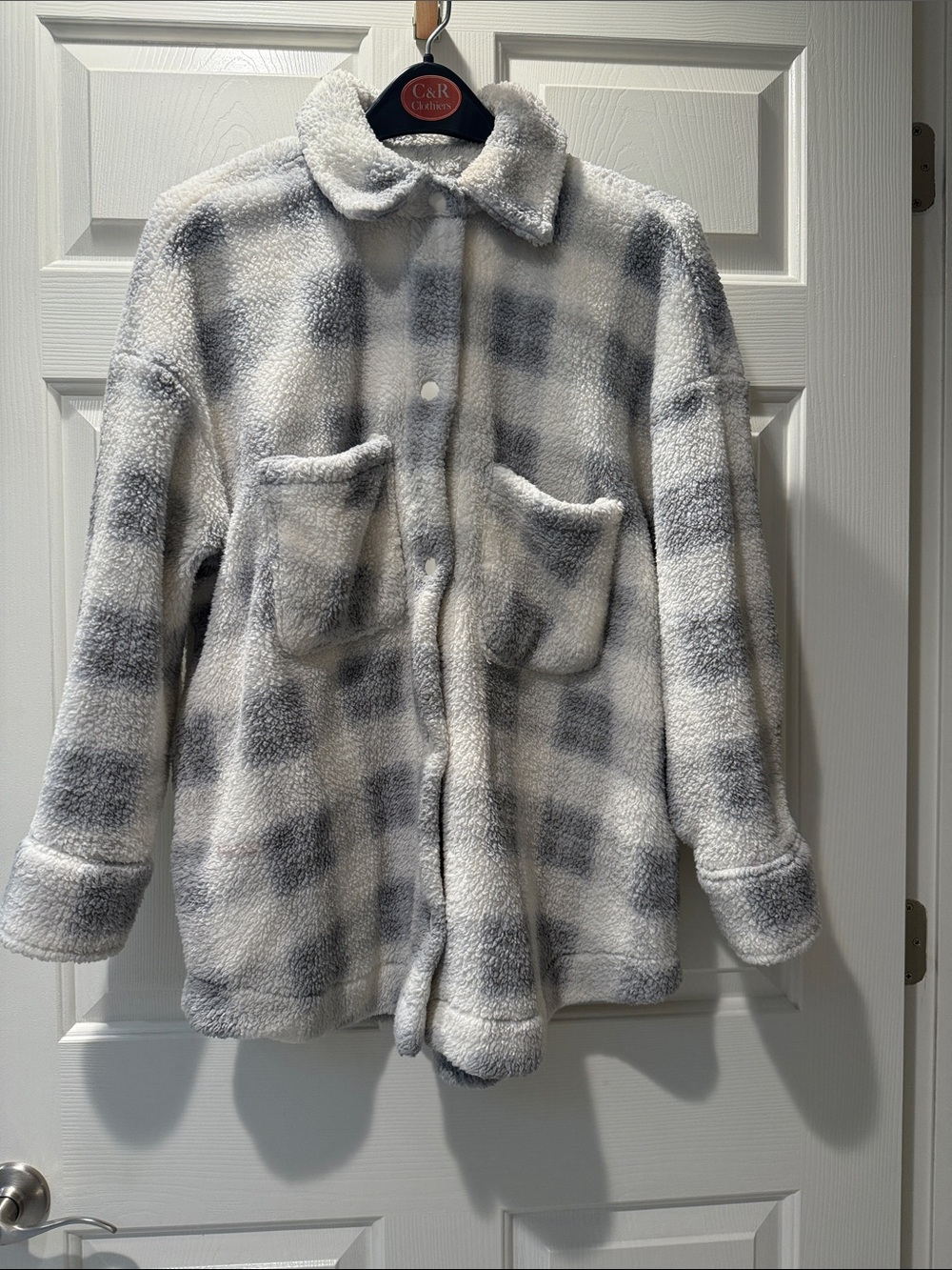 Terra & Sky Plush Plaid Teddy Jacket - White & Gray